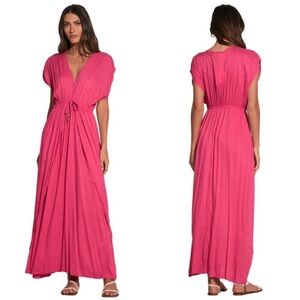Elan Deep V-Neck Wrap Maxi Coverup Dress Pink Small NWT